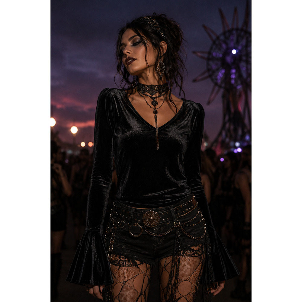 Witchy Black Velvet Bell Sleeve Top Dark Fairy Gothic Vamp Princess Whimsy MP
